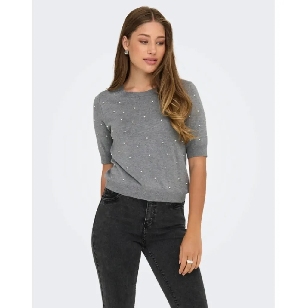 ONLY DAME STRIKTRØJE ONLVENICE - Light Grey Melange White Pearls New