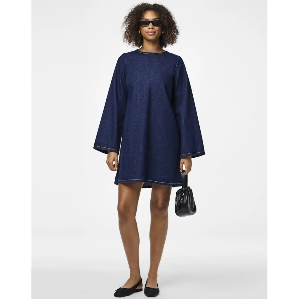 PIECES dame kjole PCOFELIA - Medium Blue Denim Black satin bow Online