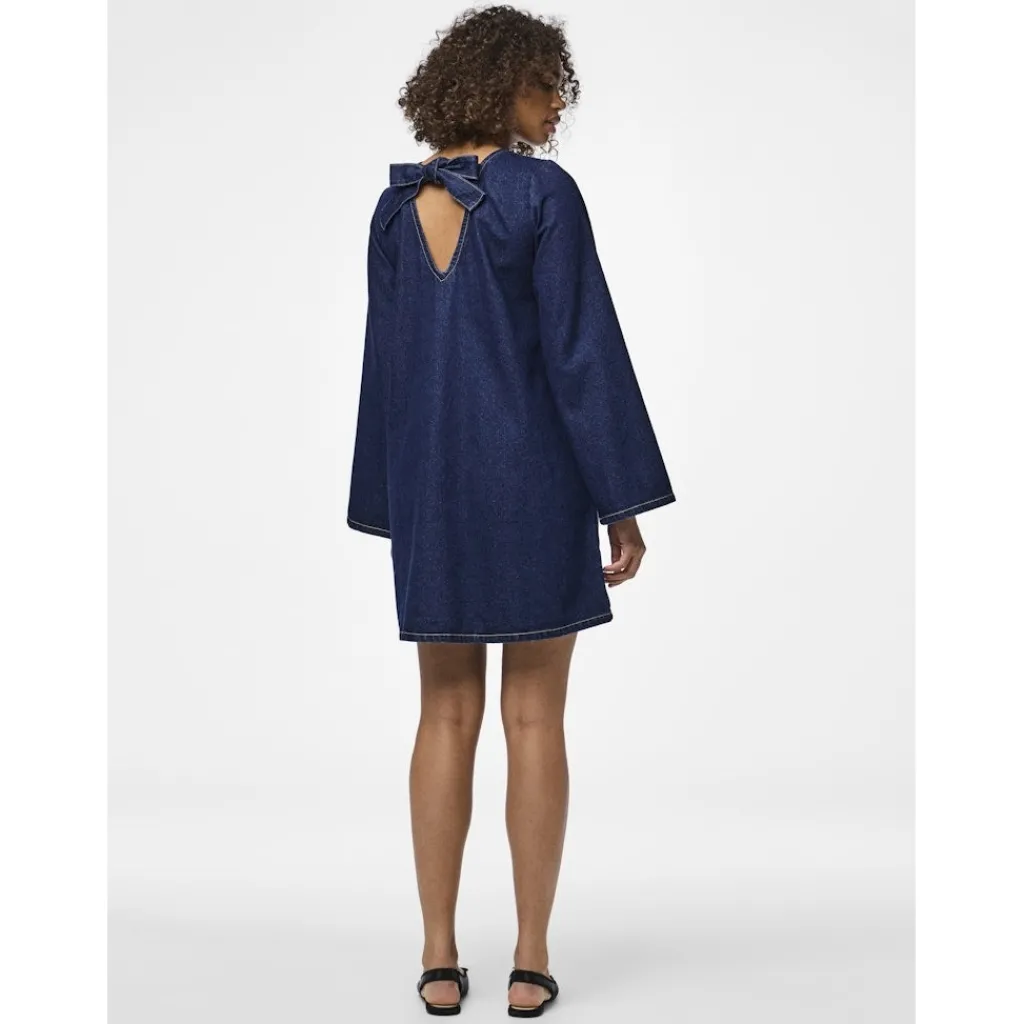 PIECES dame kjole PCOFELIA - Medium Blue Denim Black satin bow Online