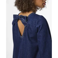 PIECES dame kjole PCOFELIA - Medium Blue Denim Black satin bow Online