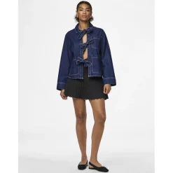 PIECES dame skjorte PCOFELIA - Medium Blue Denim Black satin bow Online