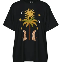 PIECES dame t-shirt PCHANNAH - Black Palm/cheetah Clearance
