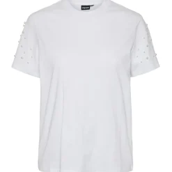 PIECES dame t-shirt PCRINE - Bright White PEARL ON SLEEVE Best