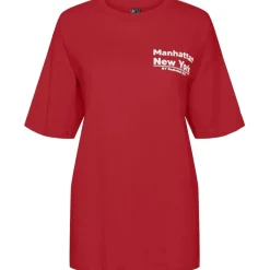 PIECES dame t-shirt PCSKYLAR - High Risk Red detail:White text Outlet