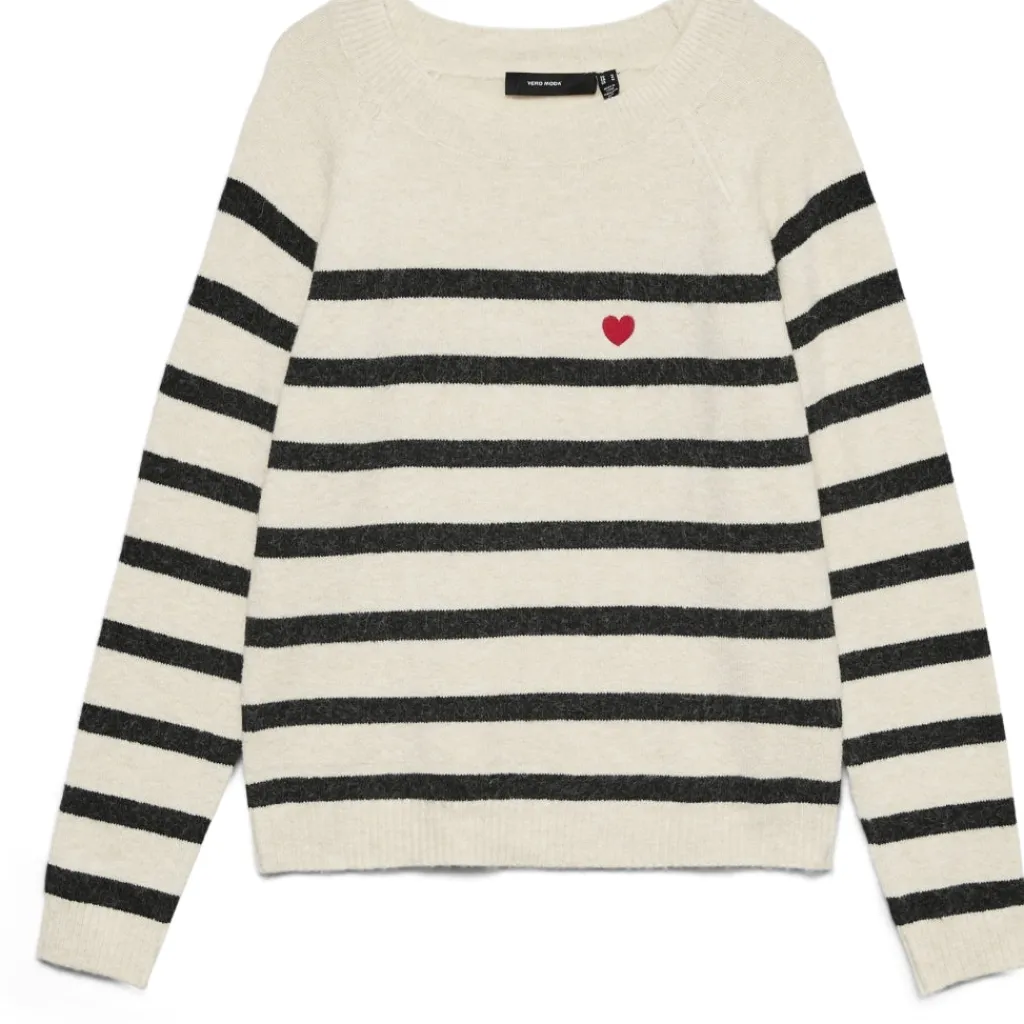 Vero Moda Dame Pullover VMDoffy - Birch Black Stripes and Ribbon Red Harts