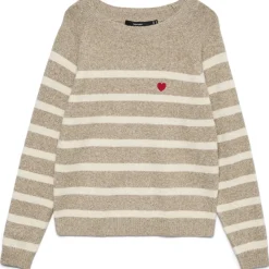 Vero Moda Dame Pullover VMDoffy - Sepia Tint Birch Stripe And Ribbon Red Heart Sale