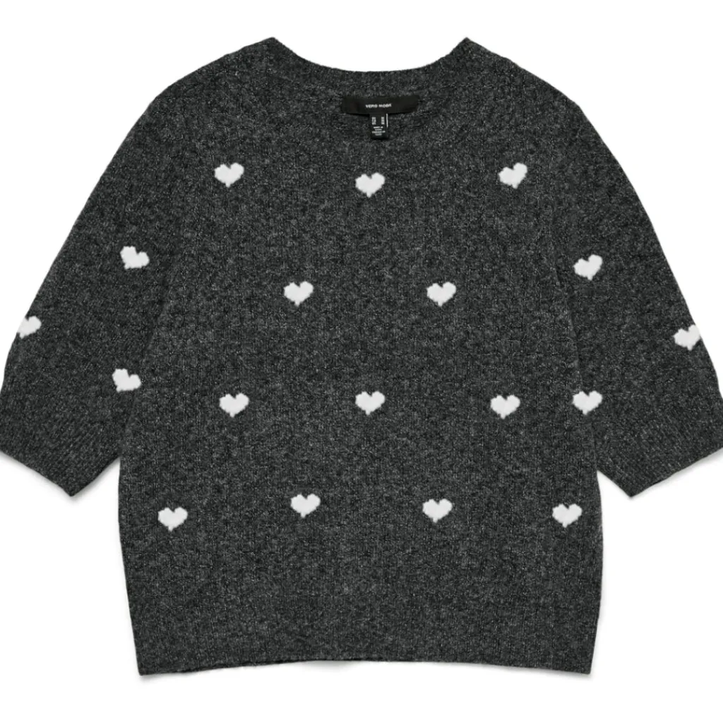 Vero Moda DAME STRIKTRØJE VMDOFFE - Dark Grey Melange White Hearts Sale