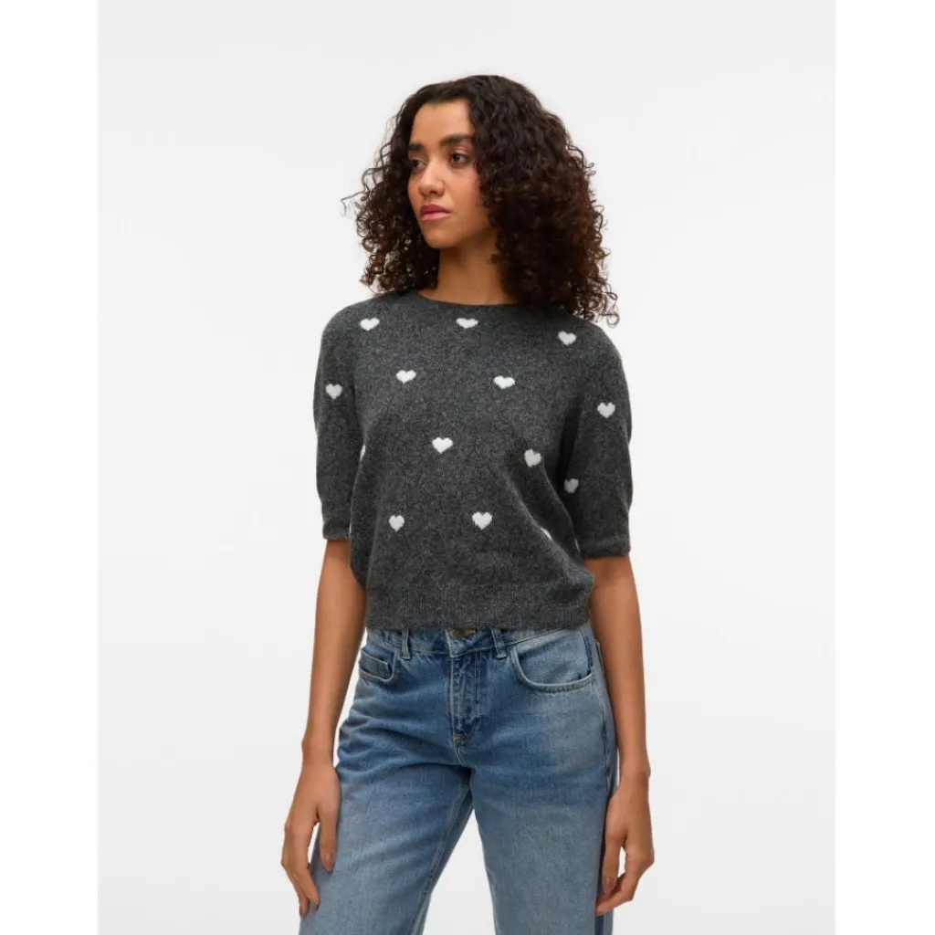 Vero Moda DAME STRIKTRØJE VMDOFFE - Dark Grey Melange White Hearts Sale