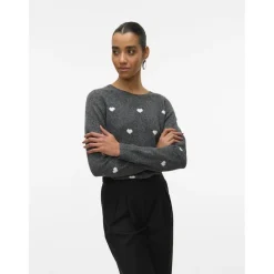 Vero Moda DAME STRIKTRØJE VMDOFFY - Dark Grey Melange White Hearts Hot