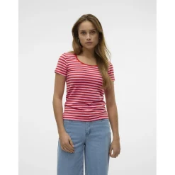 Vero Moda dame t-shirt VMLOTTE - Fiery Red Stripes BONBON Best